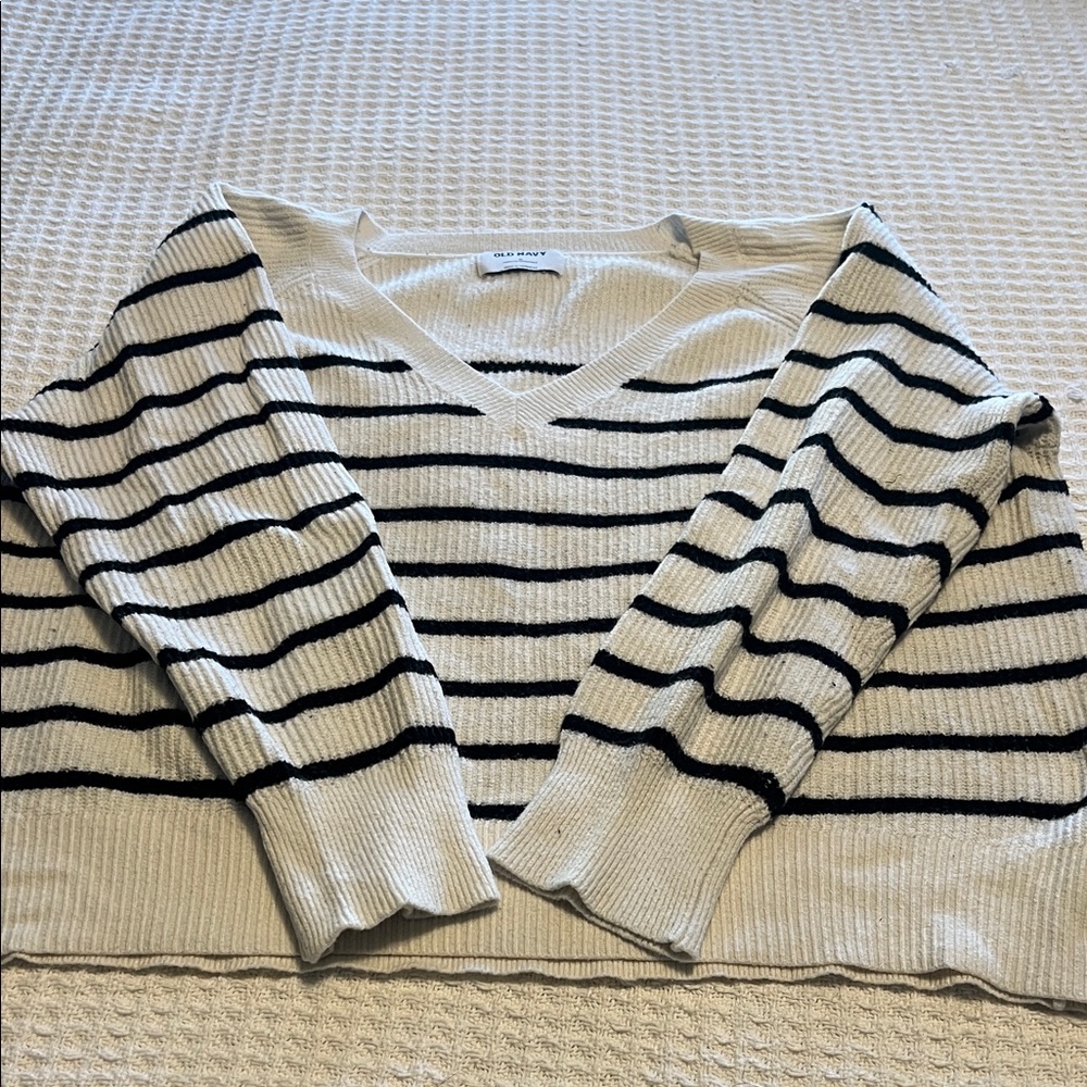 Old Navy Cream and Black Striped V-Neck Sweater